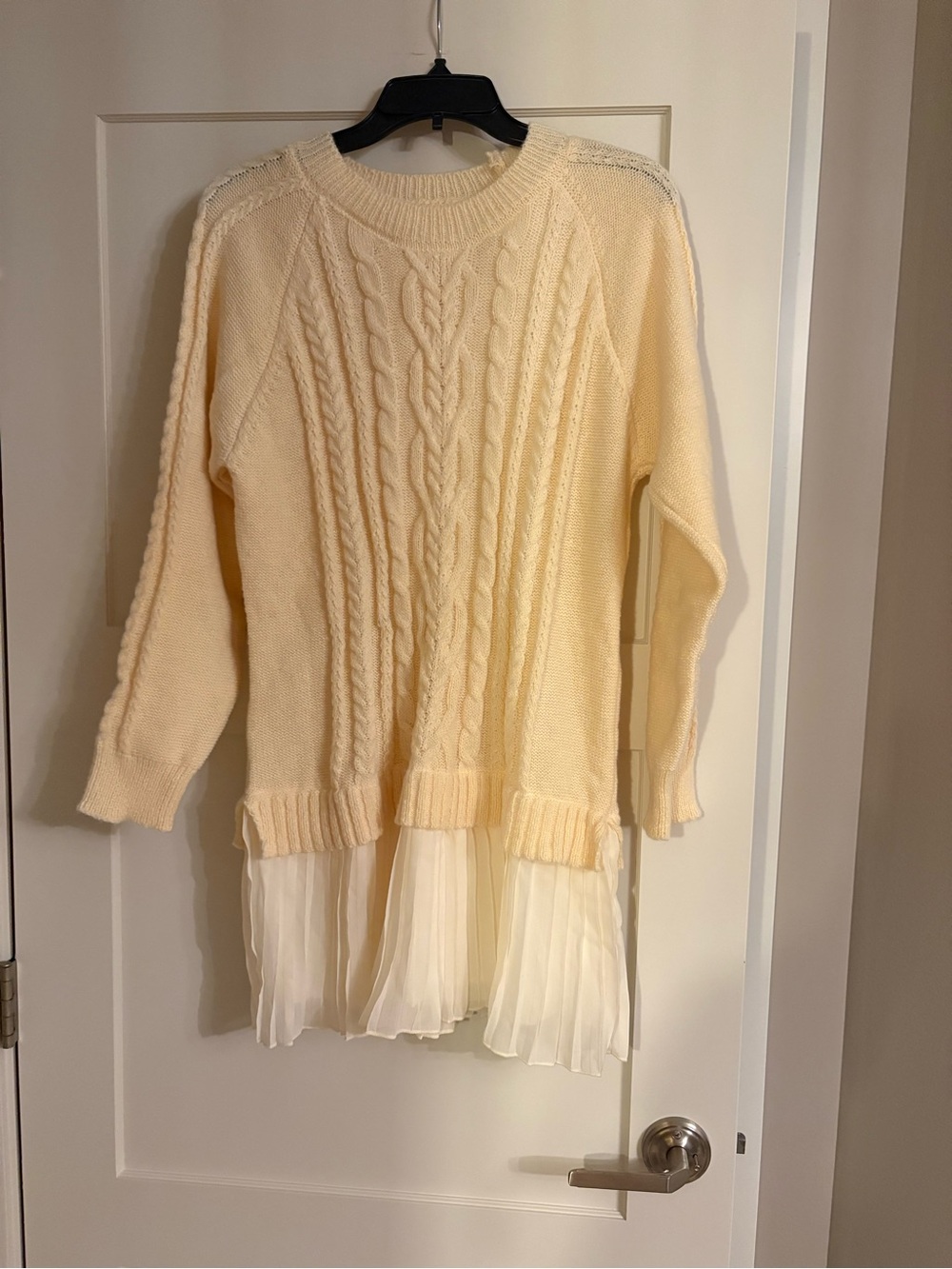 Amazon Cream Cable Knit Sweater Dress with Pleated Hem “Two-fer” Style